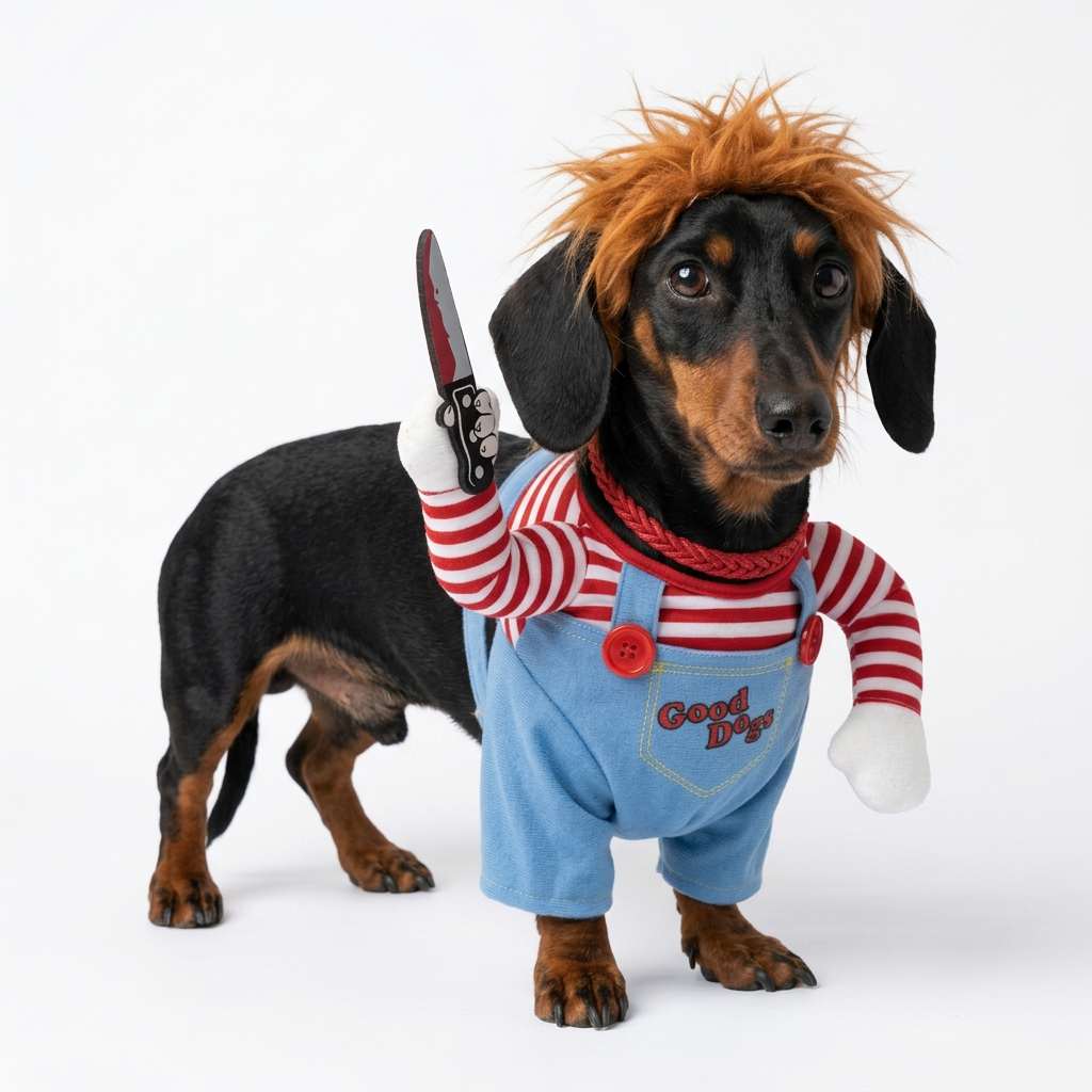 Max con disfraz Chucky sin sangre, de pie