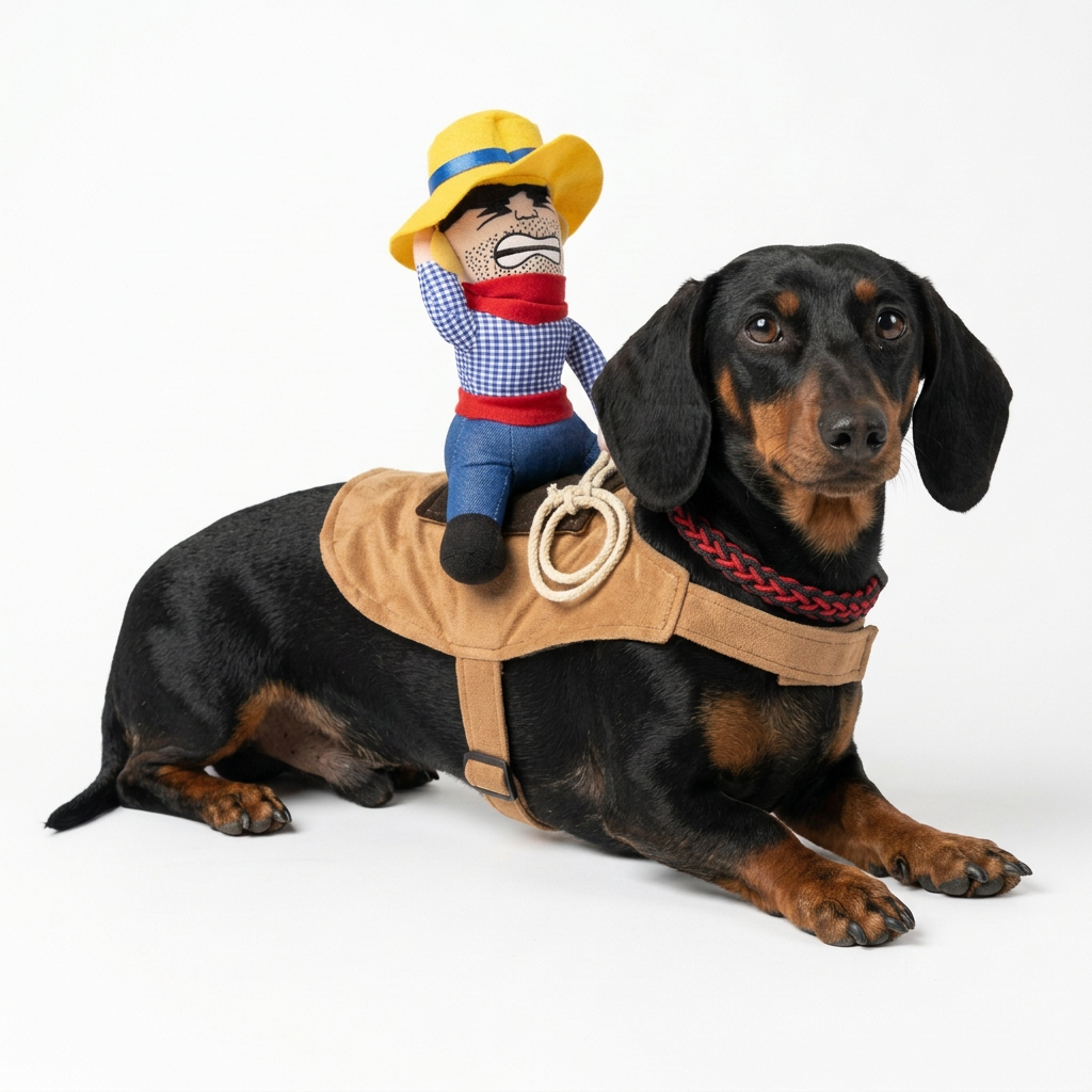 Max modelando disfraz vaquero acostado