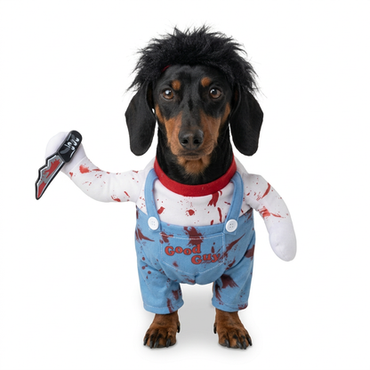 Max con disfraz Chucky sangriento, vista frontal