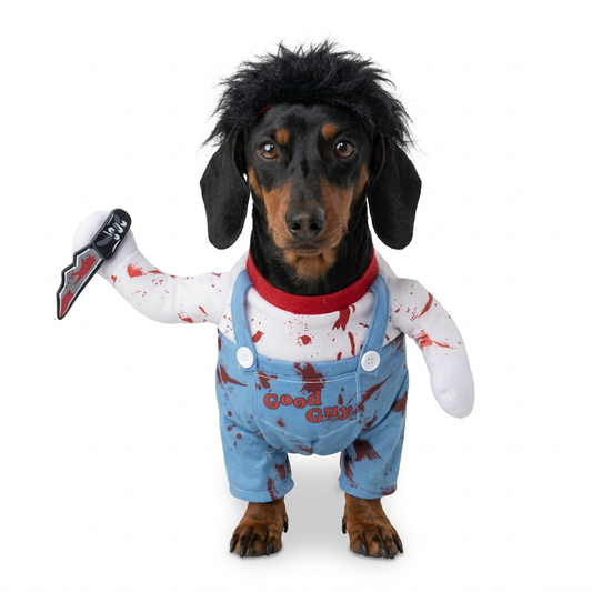 Max con disfraz Chucky sangriento, vista frontal