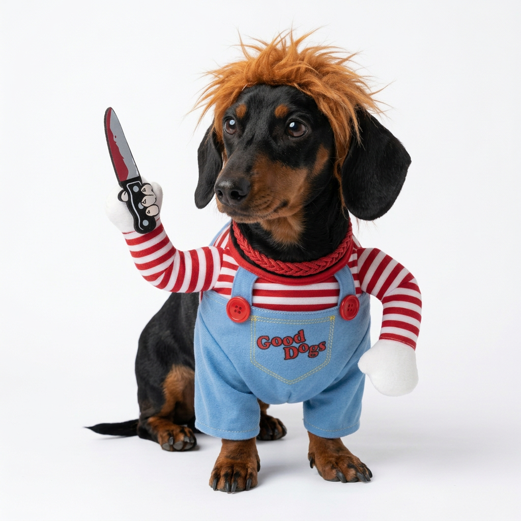 Max con disfraz Chucky sin sangre, sentado