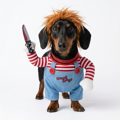 Max con disfraz Chucky sin sangre, vista frontal