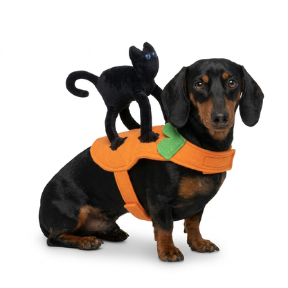 Max modelando disfraz gato calabaza sentado