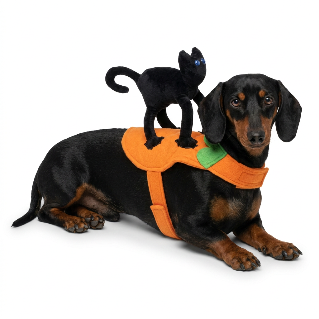 Max modelando disfraz gato calabaza acostado