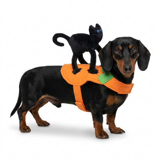 Max modelando disfraz gato calabaza de pie