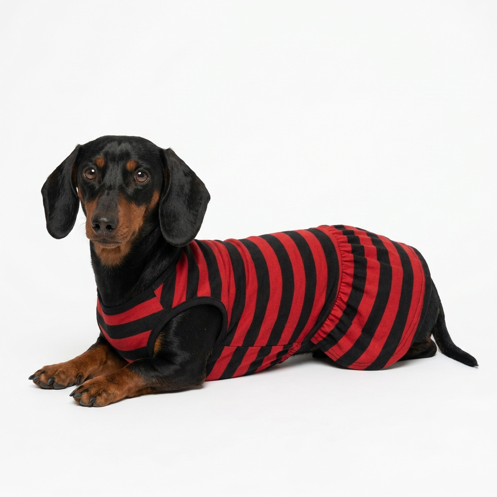 Max modelando vestido Freddy Krueger sentado